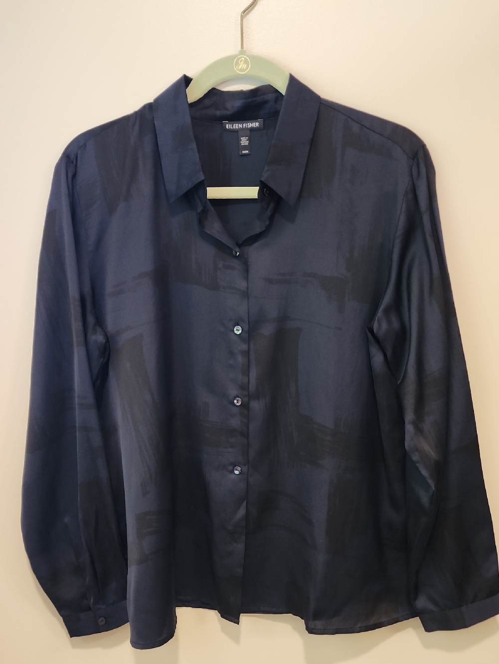 Eileen Fisher Silk Blouse Dark Navy w/Black Brush Strokes Long Sleeve size Med